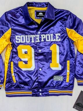 Southpole 91 Purple Satin Jacket Yellow Stripe Graphic Full Zip NWT Men's L